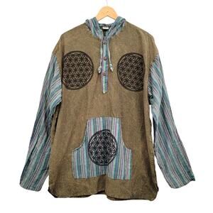 Siddhartha Nepal Hoodie 2XL/3XL Green Stripe Cotton Flower of Life Hippie Boho